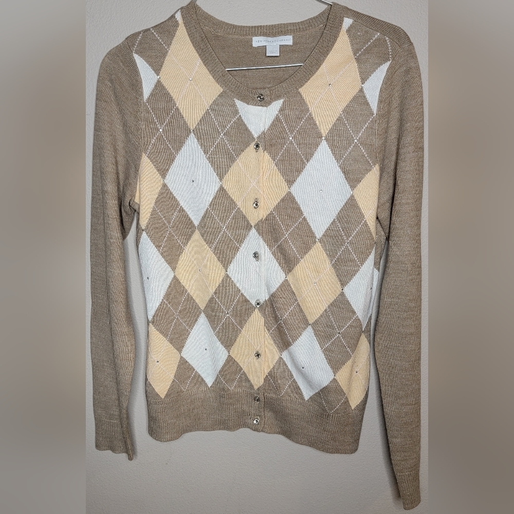 New York & Company Rhinestone Argyle Cardigan, Size Small (EUC)